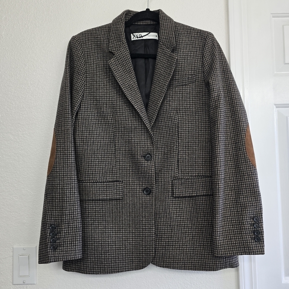 Zara Wool Blend Blazer Sz M Brown Houndstooth Plaid Tailored Career Old Money - Picture 3 of 16